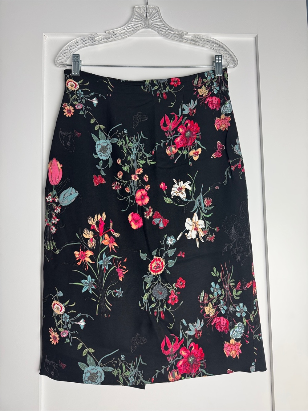 Rebecca Taylor Black Floral Midi Skirt with Multicolor Blooms